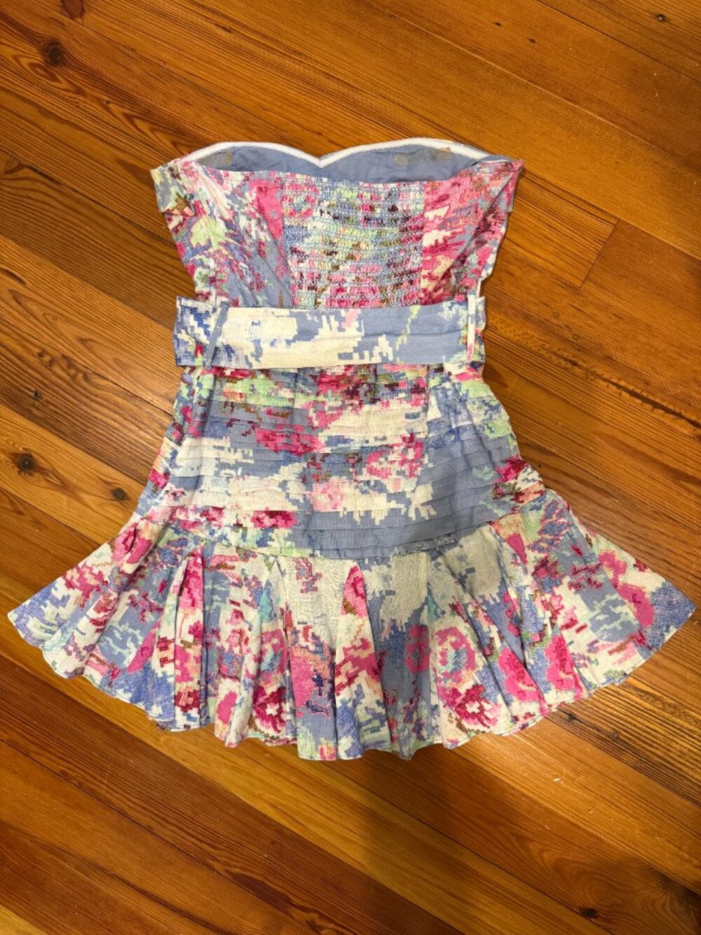 HEMANT & NANDITA Floral Strapless Belted Ruffled Mini Dress Blue Multi - Picture 2 of 3